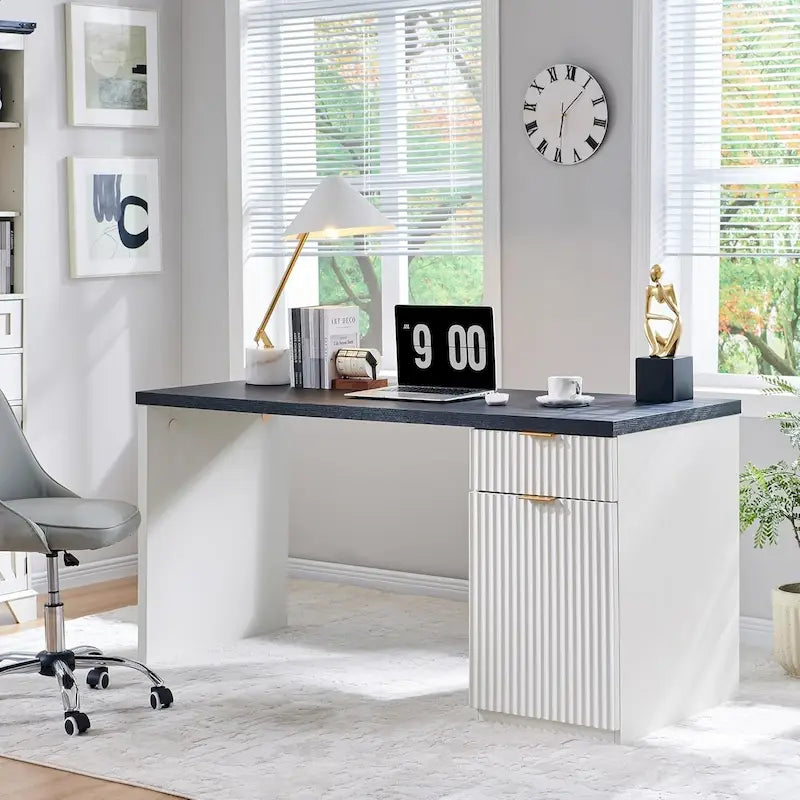 60 Modern Executive Desk, Wood Home Office Desk, Fluted Computer Desk