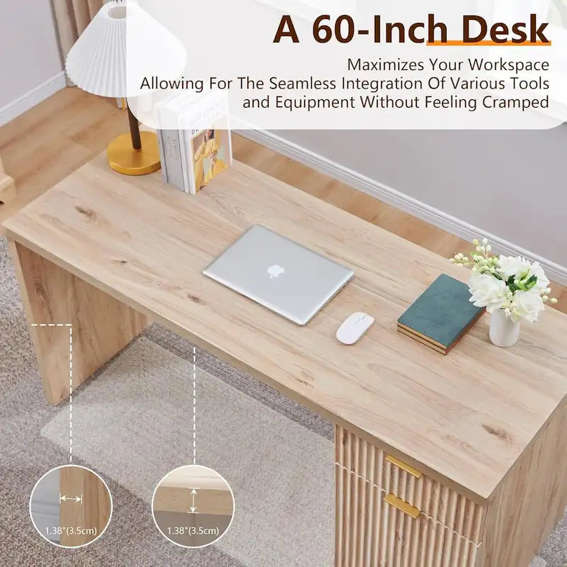 60 Modern Executive Desk, Wood Home Office Desk, Fluted Computer Desk