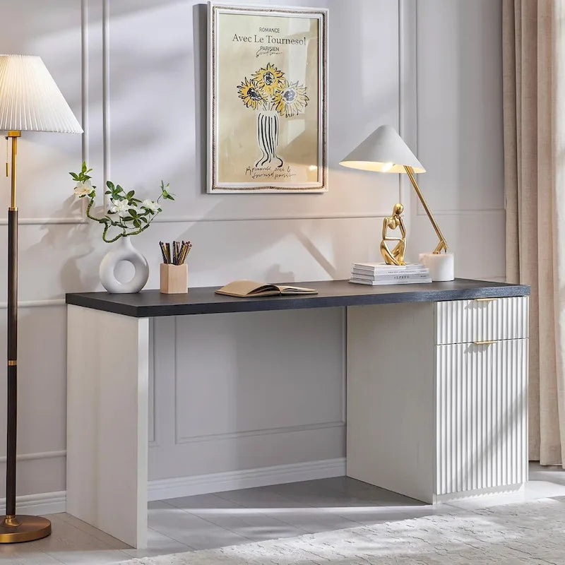 60 Modern Executive Desk, Wood Home Office Desk, Fluted Computer Desk
