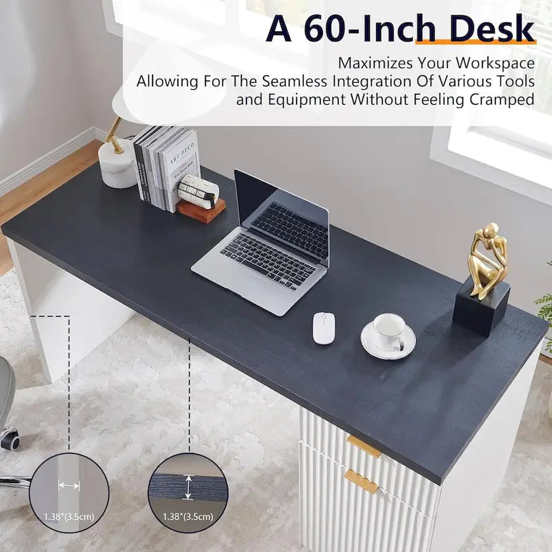60 Modern Executive Desk, Wood Home Office Desk, Fluted Computer Desk