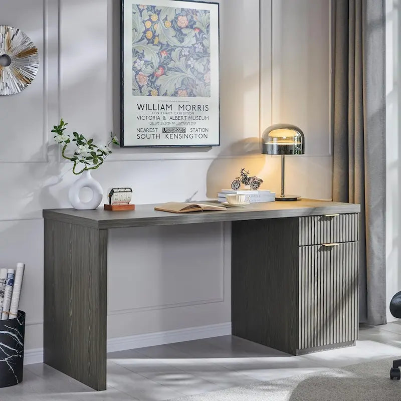 60 Modern Executive Desk, Wood Home Office Desk, Fluted Computer Desk