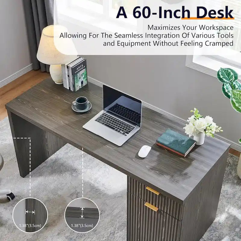 60 Modern Executive Desk, Wood Home Office Desk, Fluted Computer Desk
