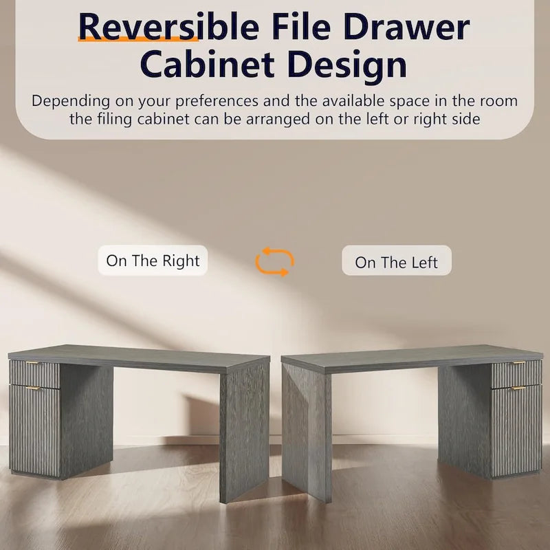 60 Modern Executive Desk, Wood Home Office Desk, Fluted Computer Desk