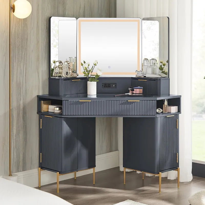 Modern Fluted Makeup Vanity Desk with 3 Way Mirror&Light, Vanity Table