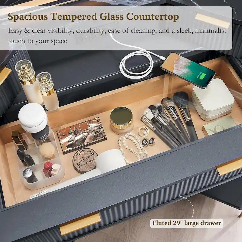 Modern Fluted Makeup Vanity Desk with 3 Way Mirror&Light, Vanity Table
