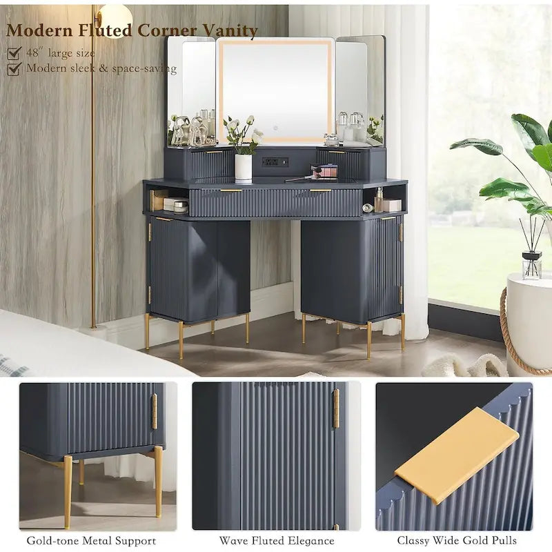 Modern Fluted Makeup Vanity Desk with 3 Way Mirror&Light, Vanity Table