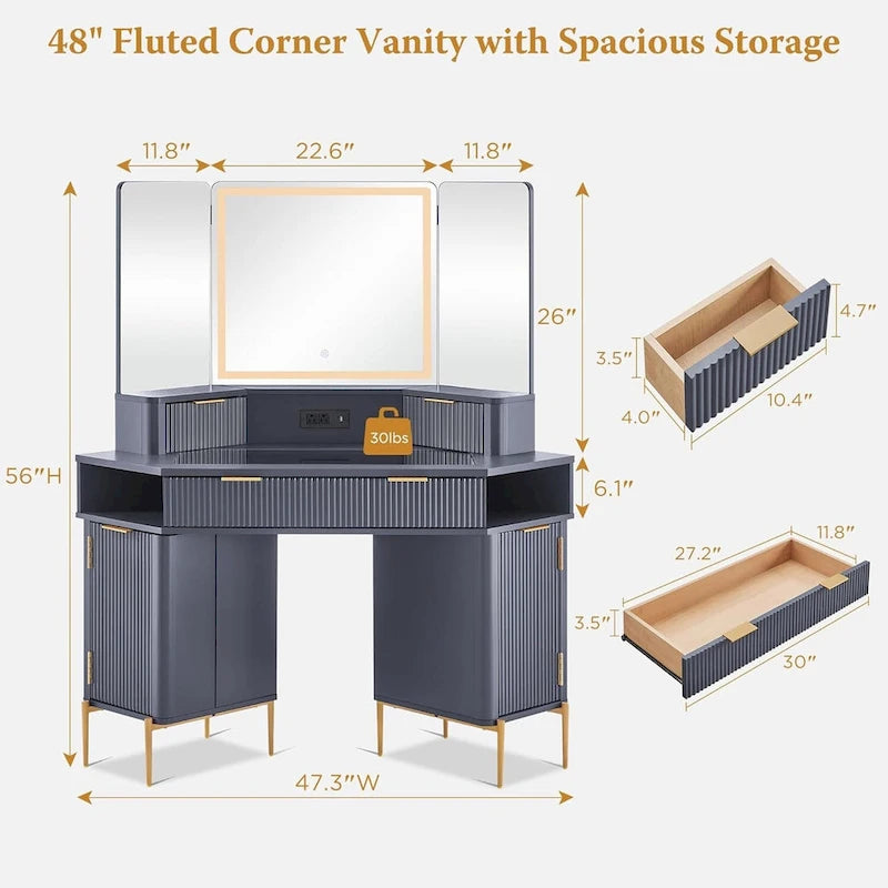 Modern Fluted Makeup Vanity Desk with 3 Way Mirror&Light, Vanity Table