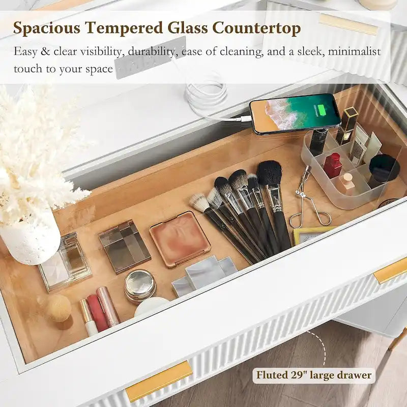 Modern Fluted Makeup Vanity Desk with 3 Way Mirror&Light, Vanity Table