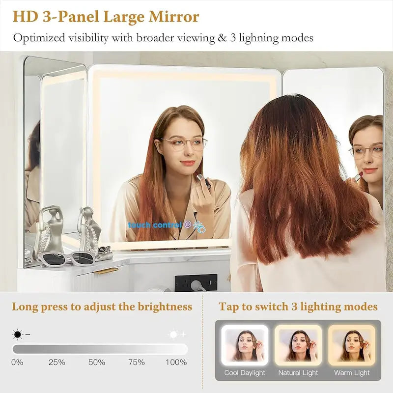 Modern Fluted Makeup Vanity Desk with 3 Way Mirror&Light, Vanity Table