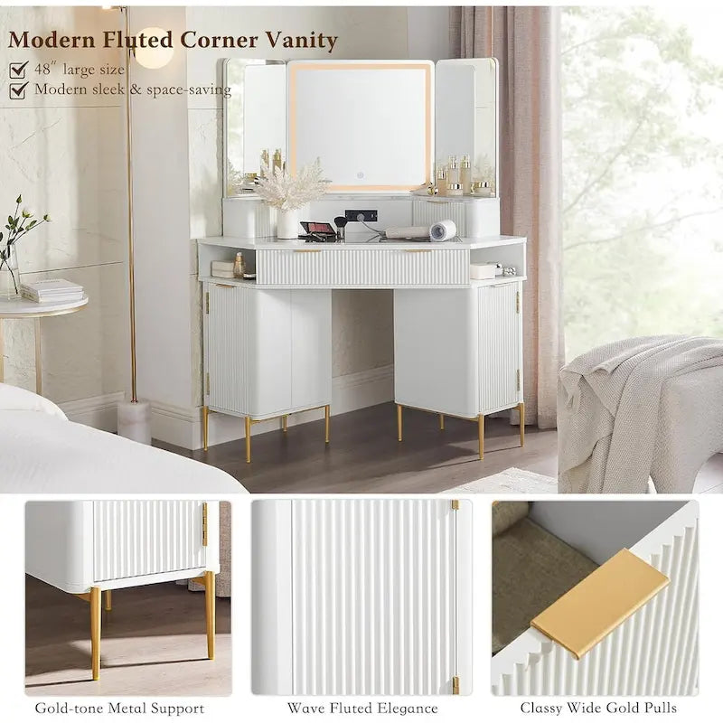 Modern Fluted Makeup Vanity Desk with 3 Way Mirror&Light, Vanity Table