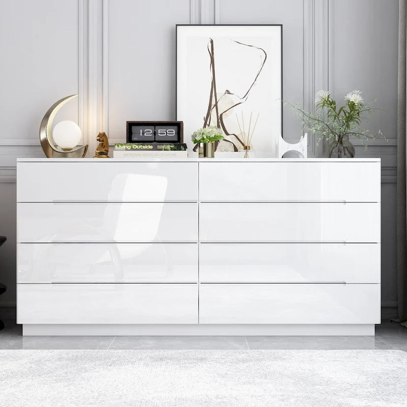 8 Drawer Double Dresser Dresser w/High Gloss Drawers Dual Chest Light