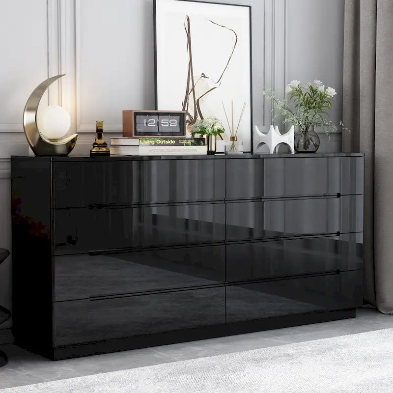 8 Drawer Double Dresser Dresser w/High Gloss Drawers Dual Chest Light