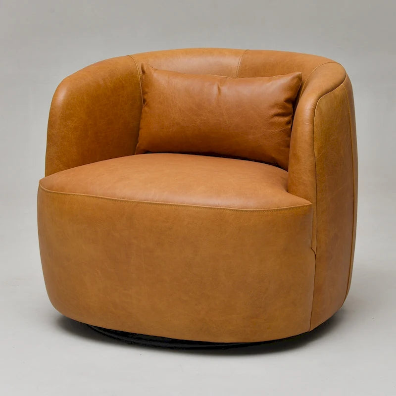 Modern Top Grain Genuine Leather Swivel Armchair with Pillow