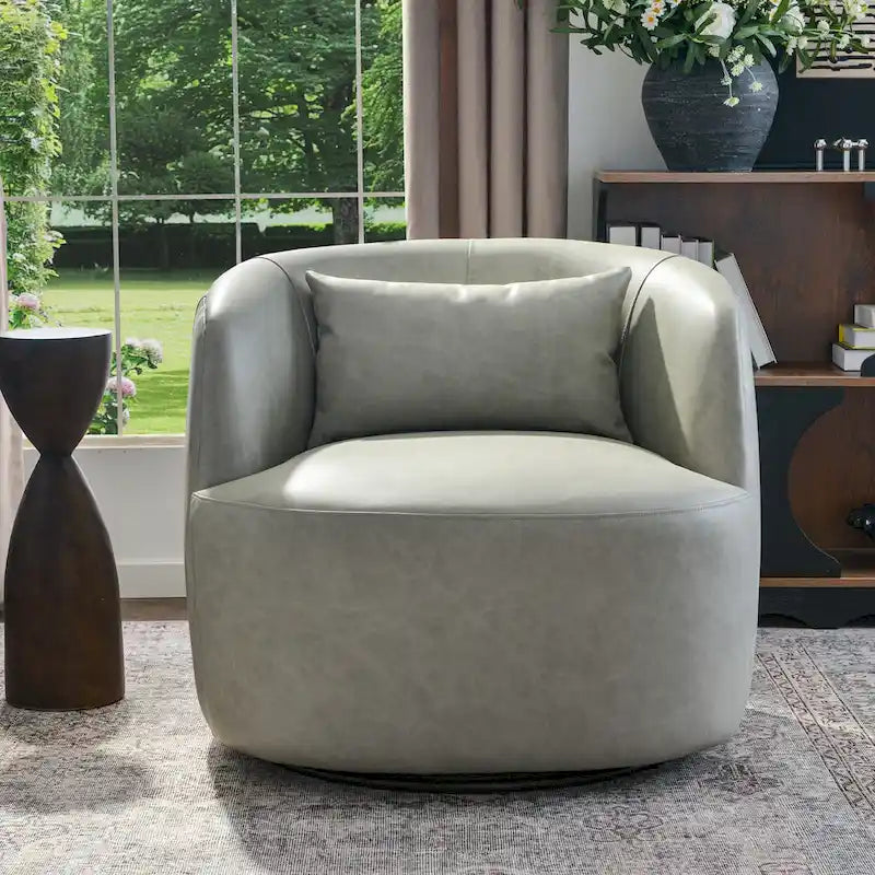Modern Top Grain Genuine Leather Swivel Armchair with Pillow