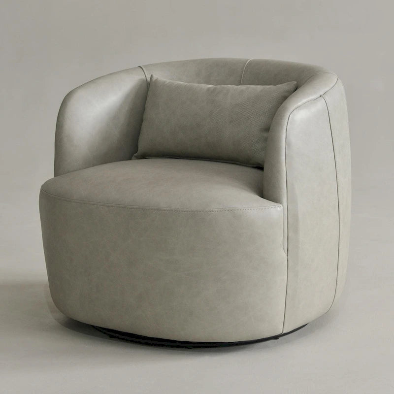 Modern Top Grain Genuine Leather Swivel Armchair with Pillow