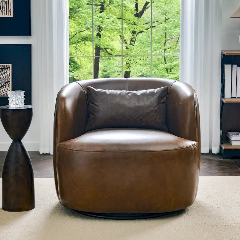 Modern Top Grain Genuine Leather Swivel Armchair with Pillow