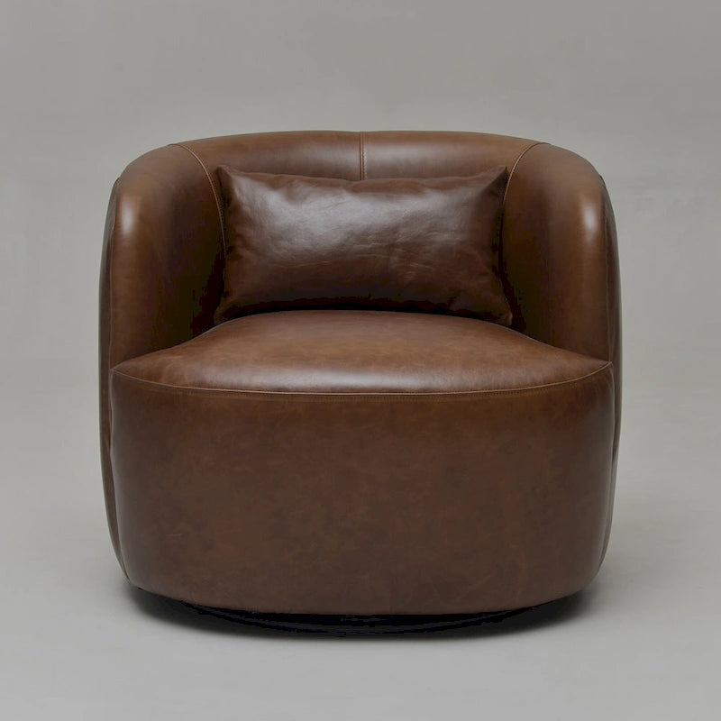 Modern Top Grain Genuine Leather Swivel Armchair with Pillow