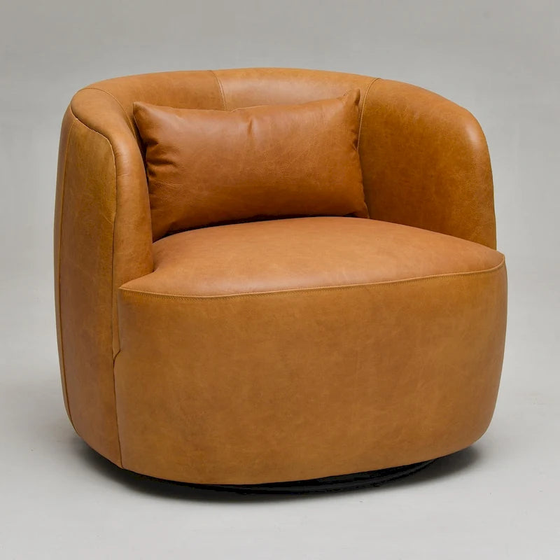 Modern Top Grain Genuine Leather Swivel Armchair with Pillow
