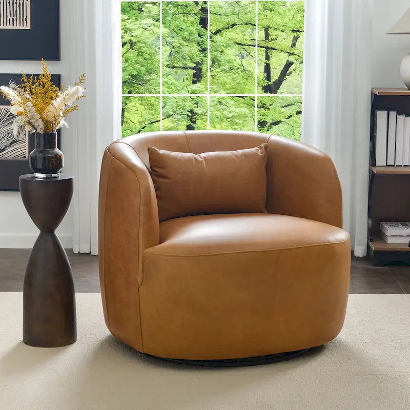 Modern Top Grain Genuine Leather Swivel Armchair with Pillow