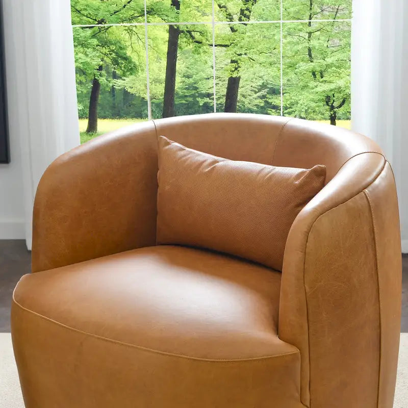 Modern Top Grain Genuine Leather Swivel Armchair with Pillow