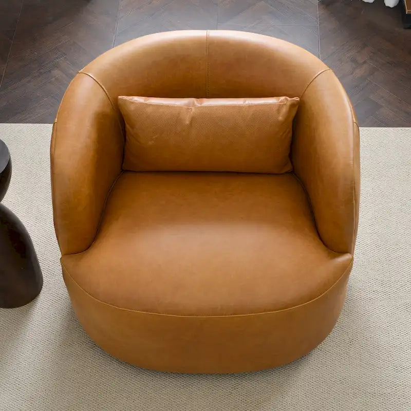 Modern Top Grain Genuine Leather Swivel Armchair with Pillow