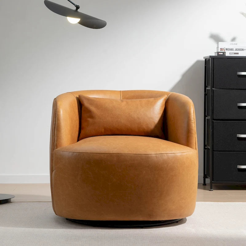 Modern Top Grain Genuine Leather Swivel Armchair with Pillow
