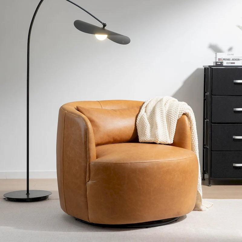 Modern Top Grain Genuine Leather Swivel Armchair with Pillow