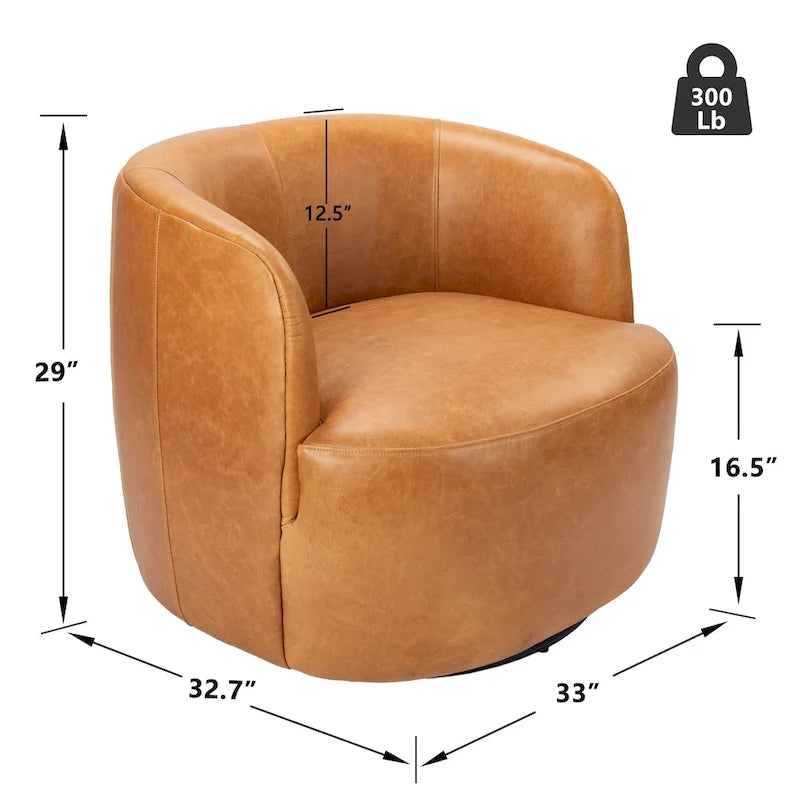 Modern Top Grain Genuine Leather Swivel Armchair with Pillow