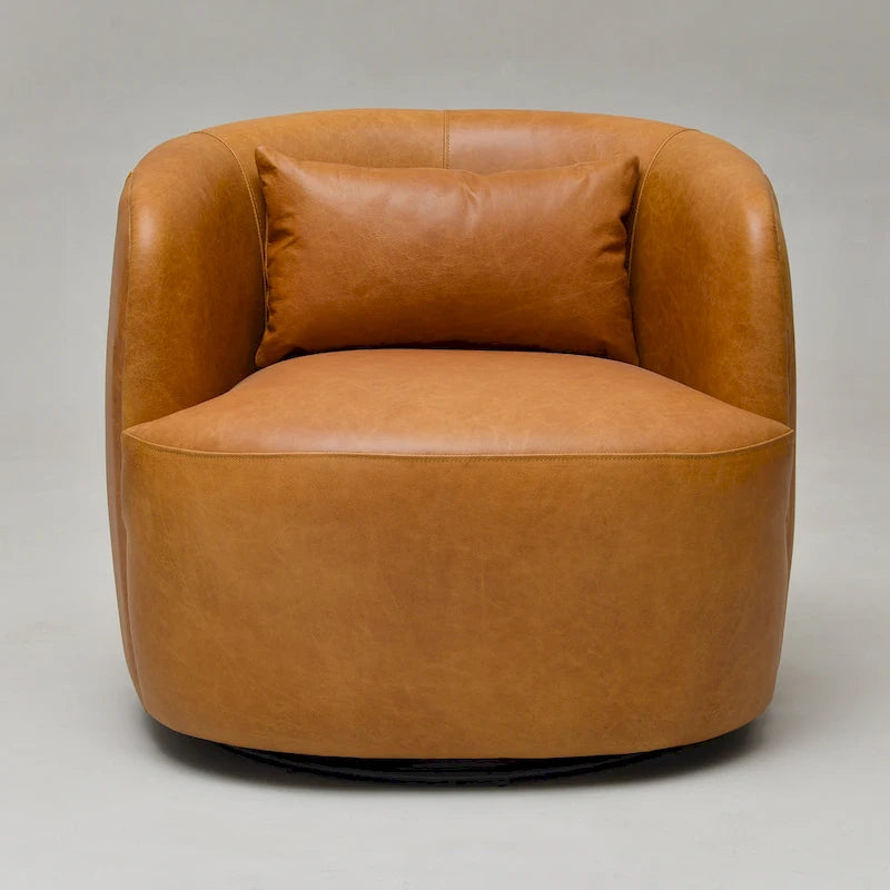 Modern Top Grain Genuine Leather Swivel Armchair with Pillow