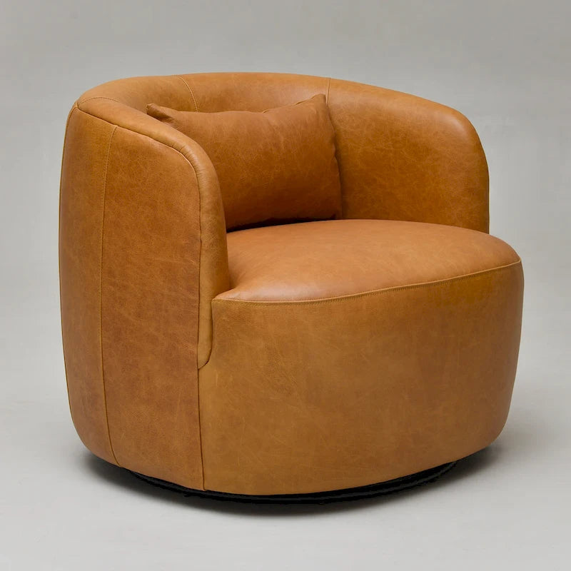 Modern Top Grain Genuine Leather Swivel Armchair with Pillow