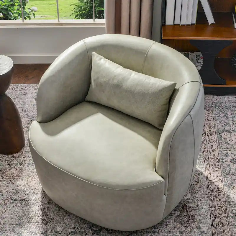 Modern Top Grain Genuine Leather Swivel Armchair with Pillow