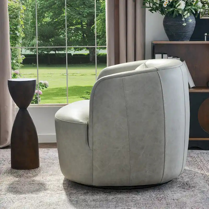 Modern Top Grain Genuine Leather Swivel Armchair with Pillow