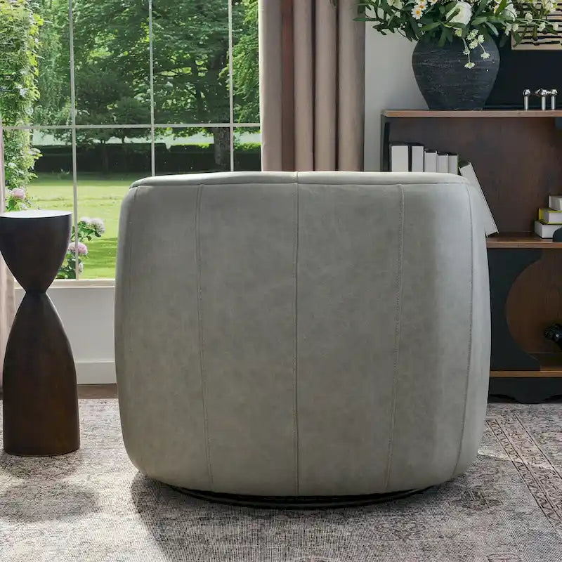 Modern Top Grain Genuine Leather Swivel Armchair with Pillow