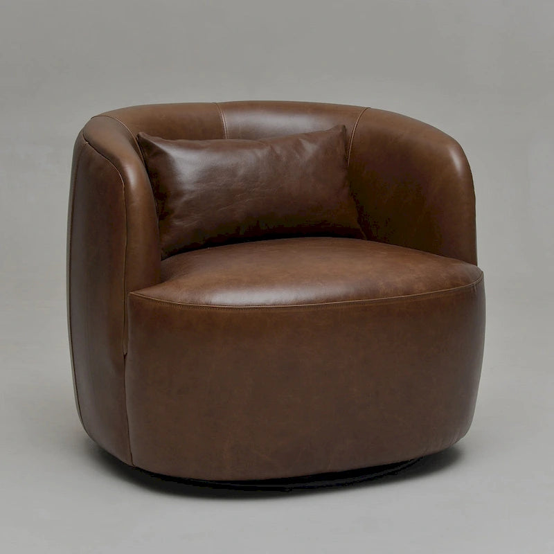 Modern Top Grain Genuine Leather Swivel Armchair with Pillow