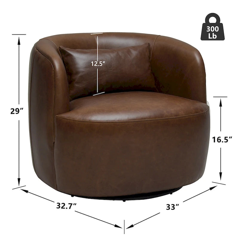 Modern Top Grain Genuine Leather Swivel Armchair with Pillow