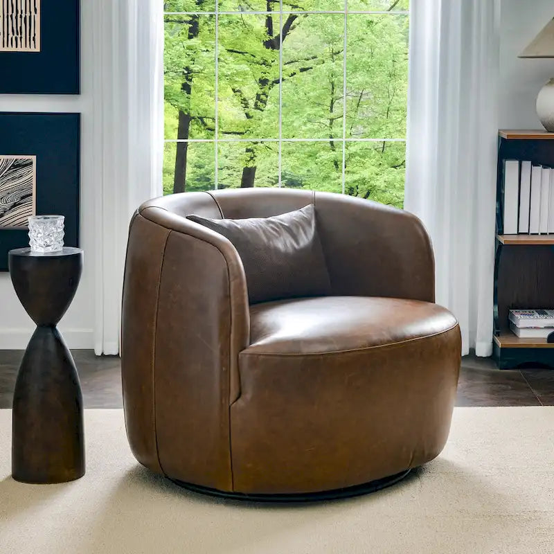 Modern Top Grain Genuine Leather Swivel Armchair with Pillow