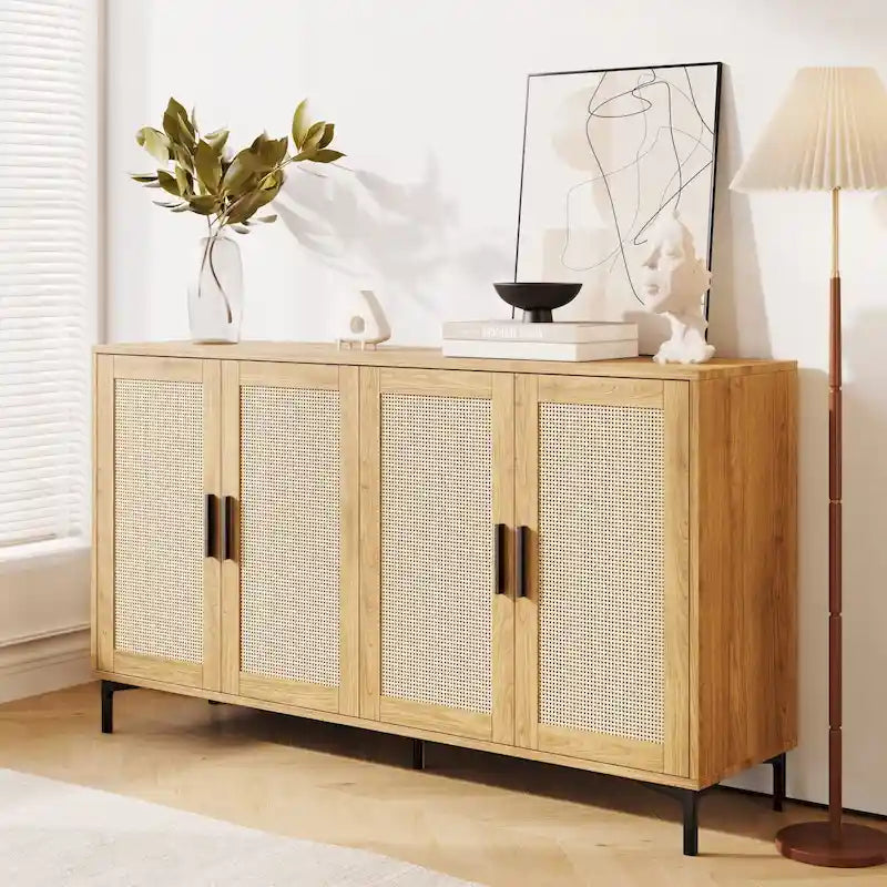 Buffet Table Kitchen Sideboard with Rattan Decorated Doors