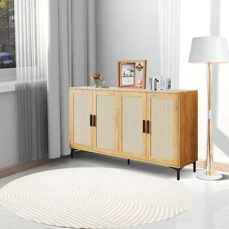 Buffet Table Kitchen Sideboard with Rattan Decorated Doors