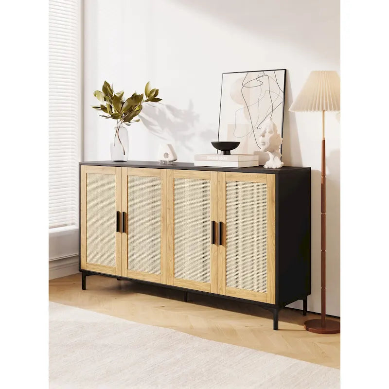 Buffet Table Kitchen Sideboard with Rattan Decorated Doors
