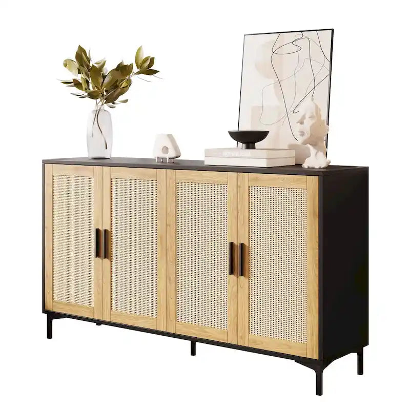 Buffet Table Kitchen Sideboard with Rattan Decorated Doors