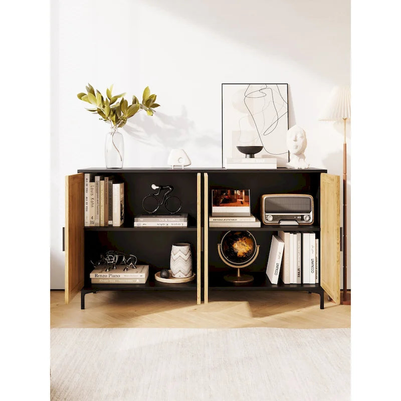 Buffet Table Kitchen Sideboard with Rattan Decorated Doors