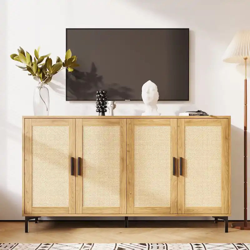 Buffet Table Kitchen Sideboard with Rattan Decorated Doors