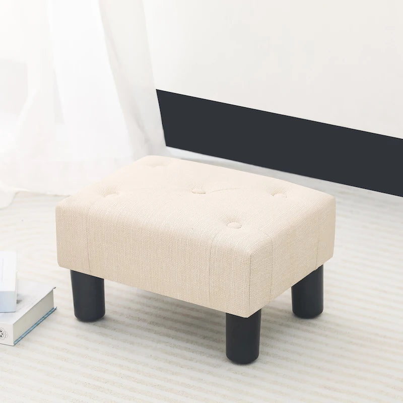 Button Tufted Linen Foot Stool Rectangular Small Ottoman