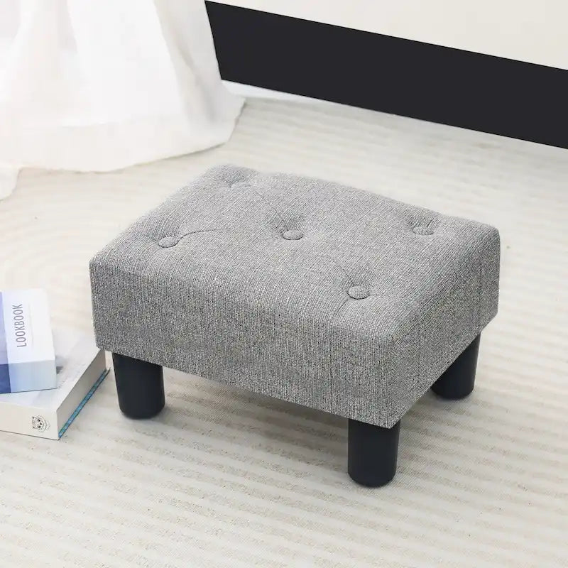 Button Tufted Linen Foot Stool Rectangular Small Ottoman