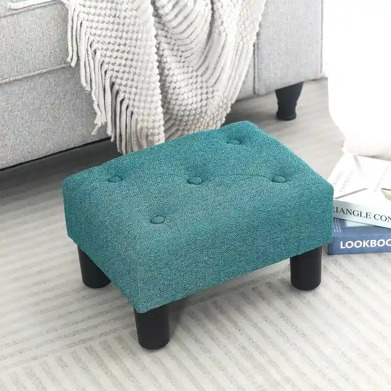 Button Tufted Linen Foot Stool Rectangular Small Ottoman