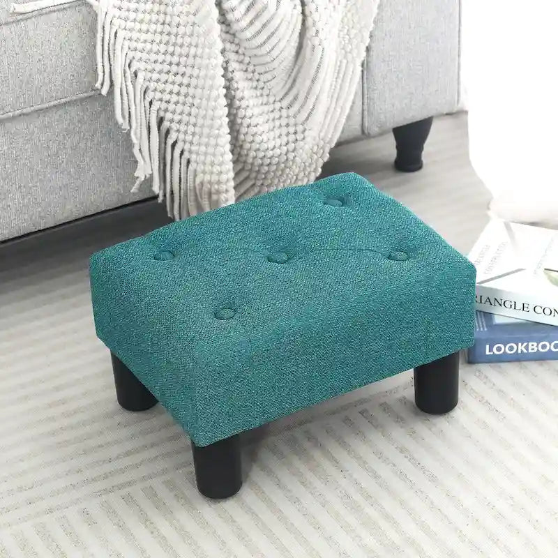 Button Tufted Linen Foot Stool Rectangular Small Ottoman