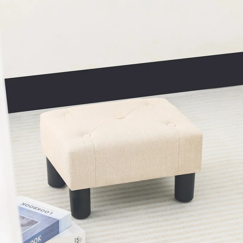 Button Tufted Linen Foot Stool Rectangular Small Ottoman