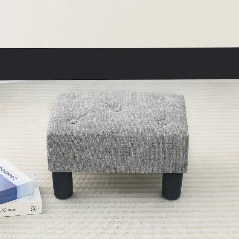 Button Tufted Linen Foot Stool Rectangular Small Ottoman