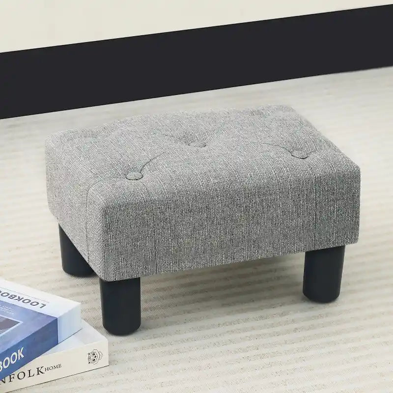 Button Tufted Linen Foot Stool Rectangular Small Ottoman