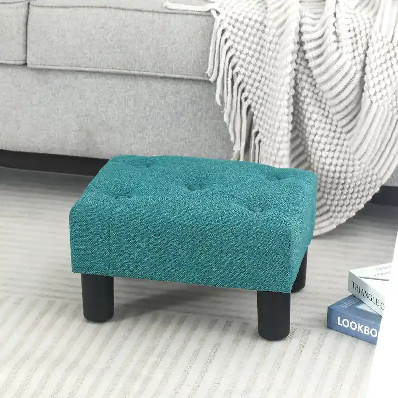 Button Tufted Linen Foot Stool Rectangular Small Ottoman